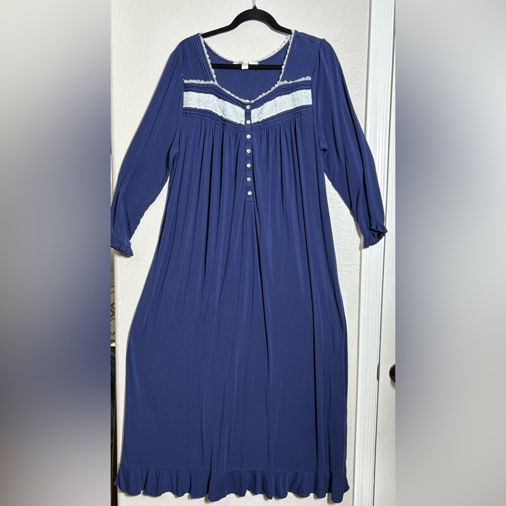 Eileen West Navy Long Sleeve Nightgown. Super soft Modal fabric with  White Lace